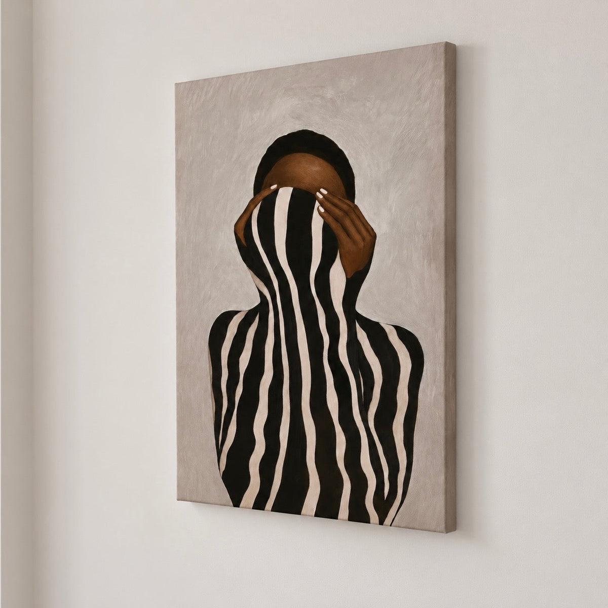 Angled view of neutral Black woman canvas wall art showing the wrapped canvas edge