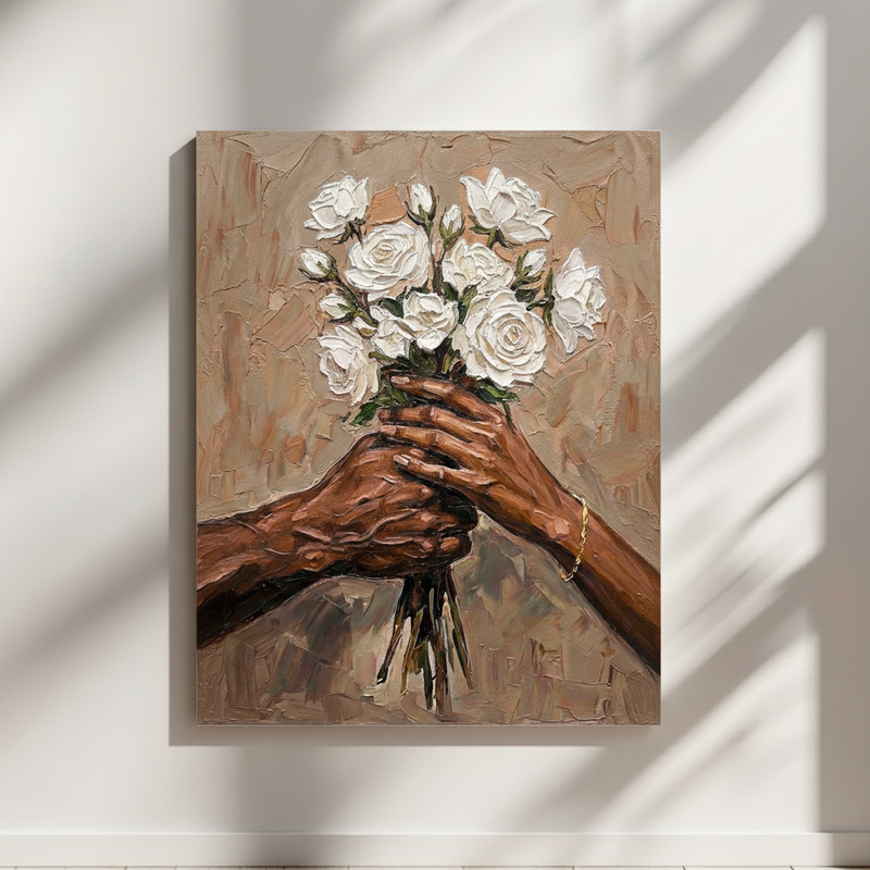 Hand art print featuring Black women, afrocentric wall art in minimalist interior