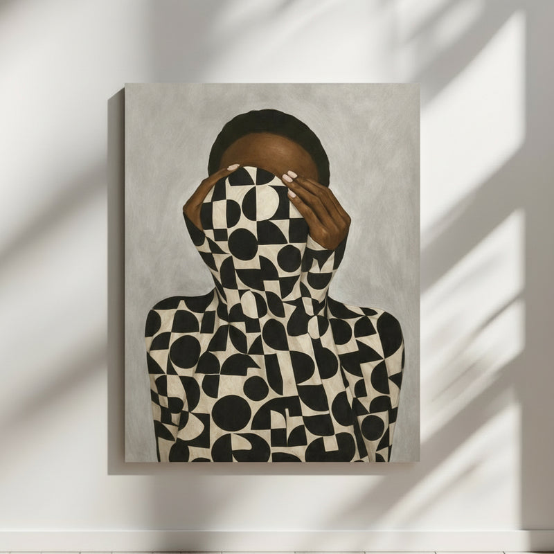 Abstract black woman wall art print featuring modern Afrocentric patterns. 