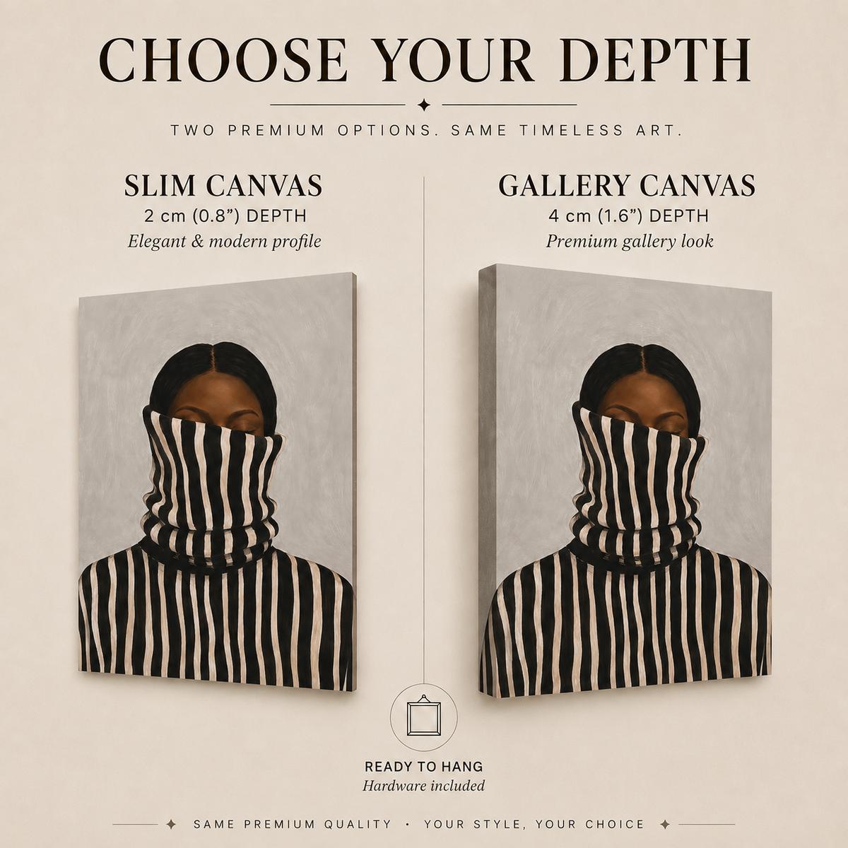 Comparison of Slim and Thick depth options for the wrapped Black woman canvas wall art