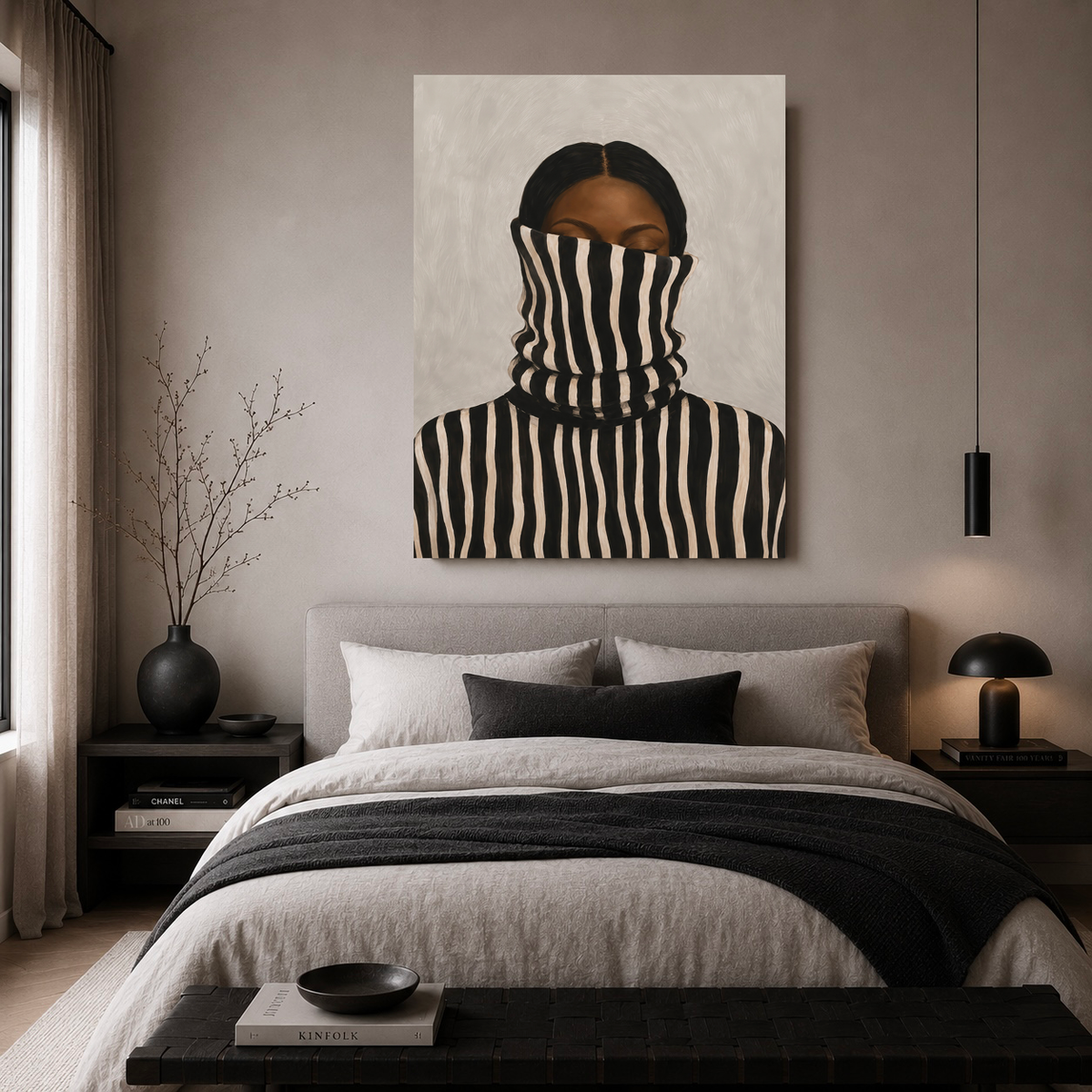 Large Afrocentric Black woman canvas wall art displayed above a neutral bed in a modern bedroom