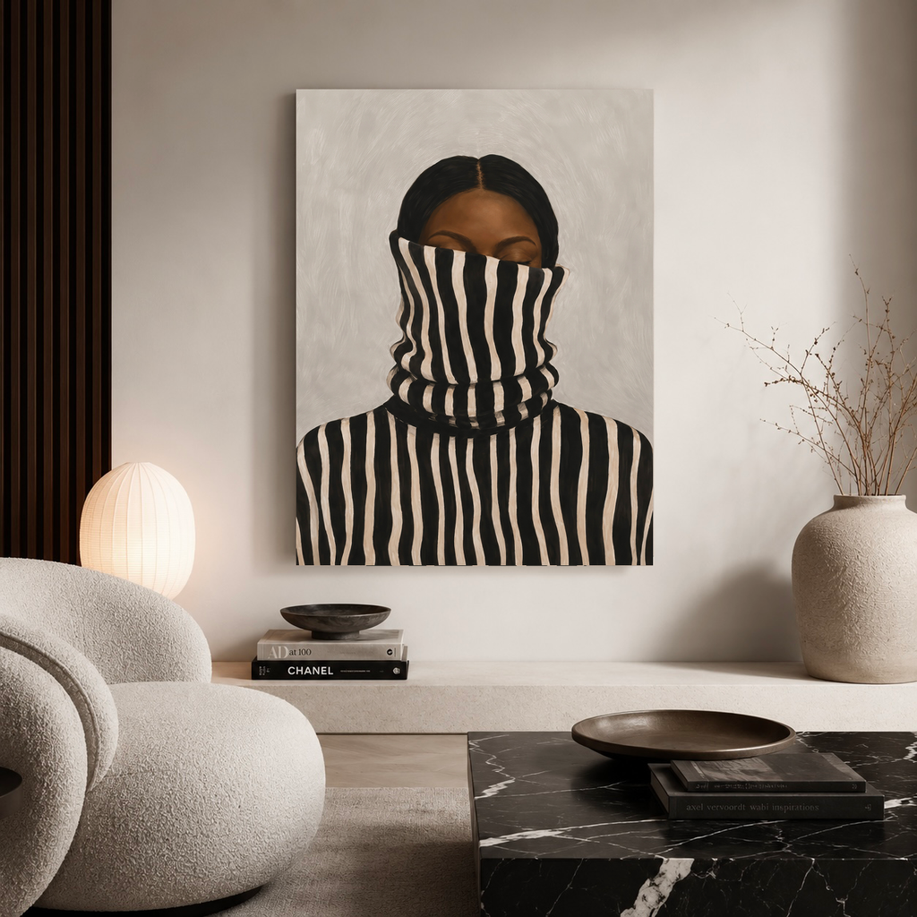 Striped afrocentric woman canvas portrait displayed above a neutral sofa in a contemporary living room