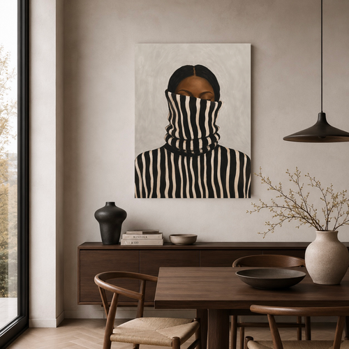 Afrocentric Black woman canvas wall art styled above a wooden sideboard in a warm neutral interior