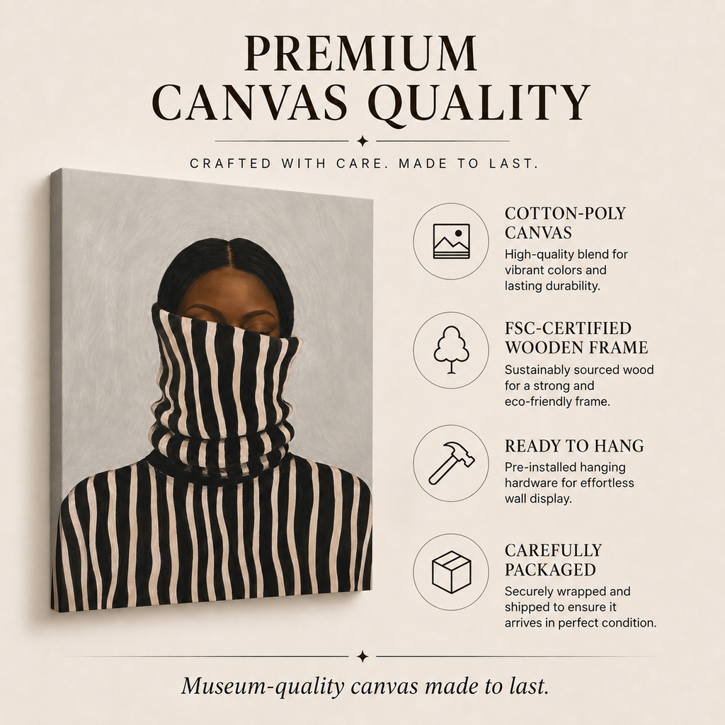 Premium canvas quality details including coated canvas, FSC-certified stretcher bars and ready-to-hang finish
