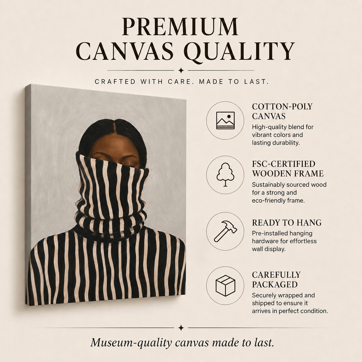 Premium canvas quality details including coated canvas, FSC-certified stretcher bars and ready-to-hang finish