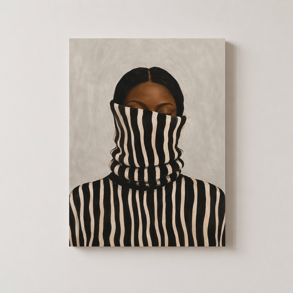 Black woman canvas portrait of a Black woman partially concealed by bold black-and-cream stripes