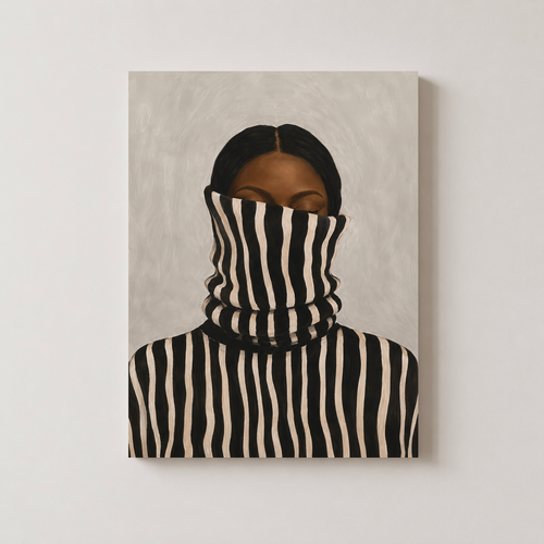 Black woman canvas portrait of a Black woman partially concealed by bold black-and-cream stripes