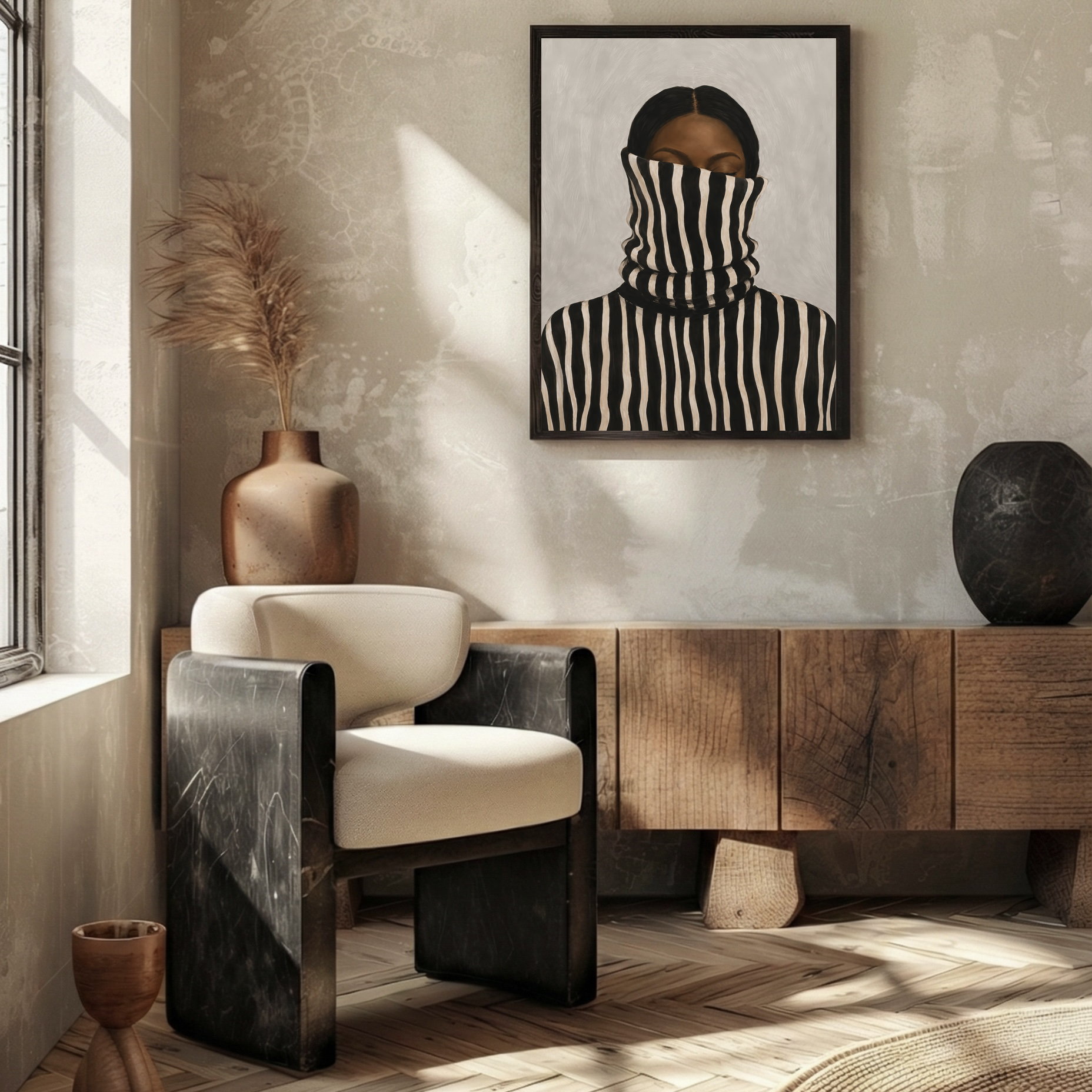 Framed Afrohemian portrait of a Black woman styled in a warm neutral living room
