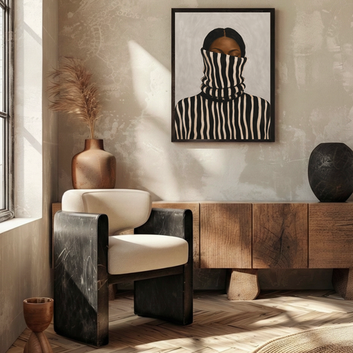 Framed Afrohemian portrait of a Black woman styled in a warm neutral living room