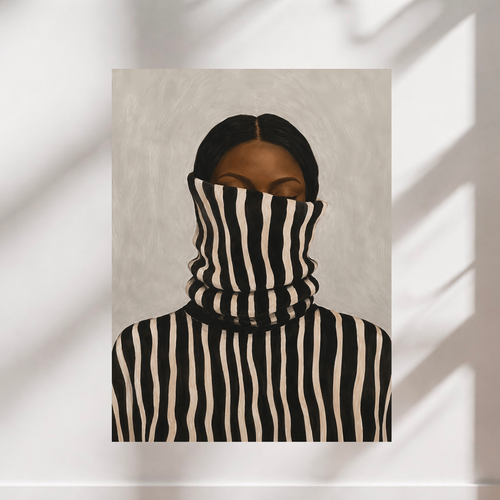 Unframed matte poster featuring a Black woman in a black and cream striped high-neck top