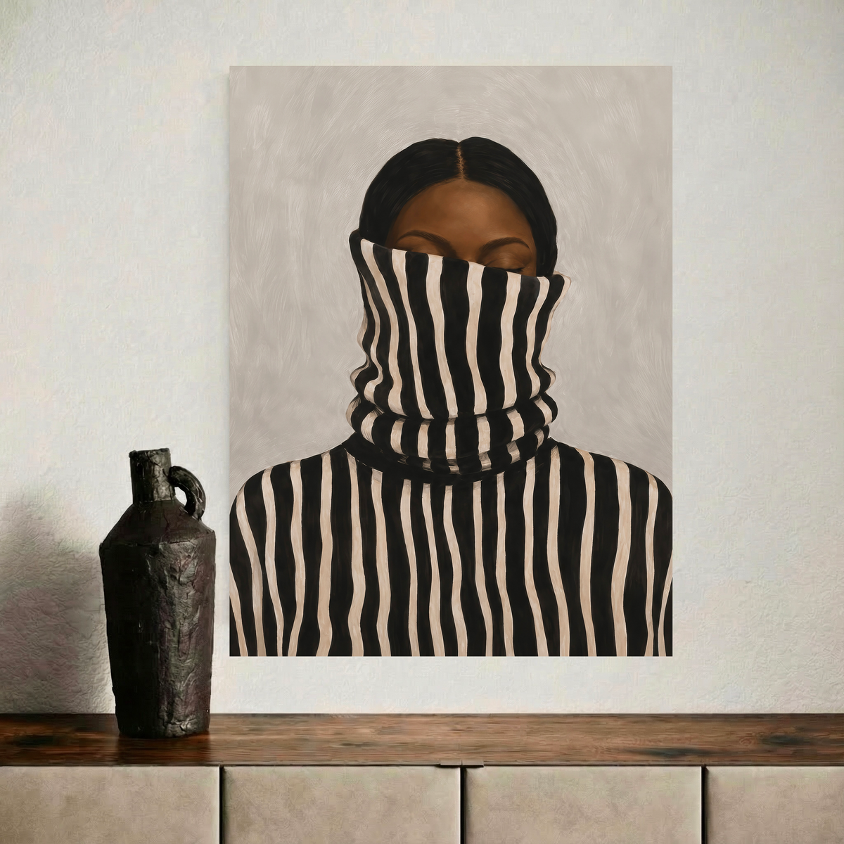 Framed minimalist Black woman poster displayed above a wooden hallway console
