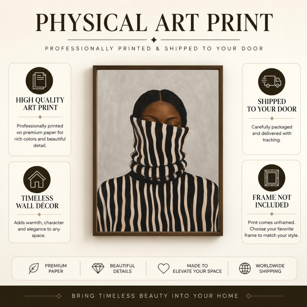 Physical art print information showing the framed African American female portrait poster. 