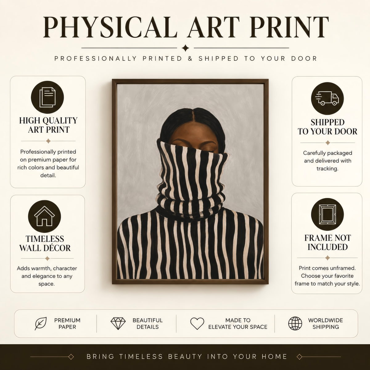 Physical art print information showing the framed African American female portrait poster. 