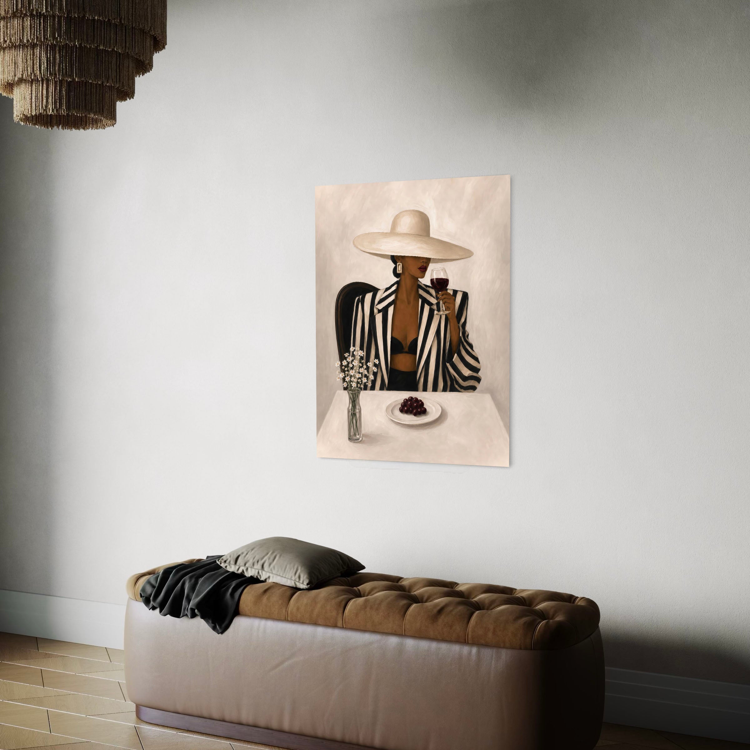  African American woman wall art displayed in a modern neutral interior.