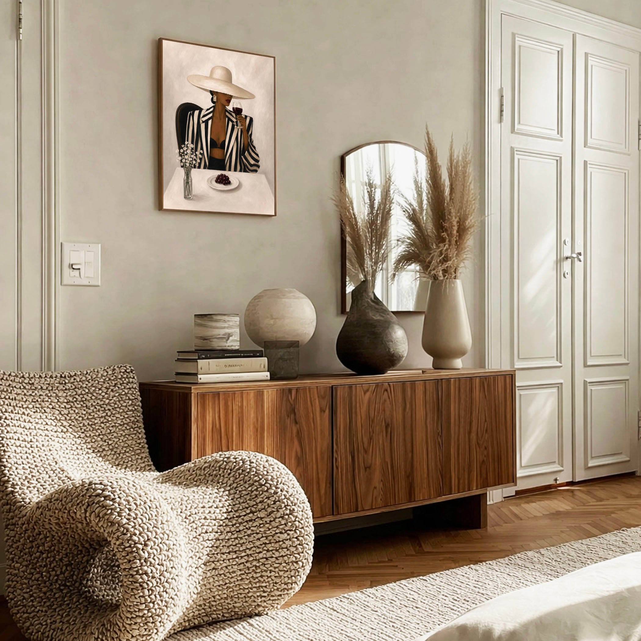 Fashion portrait poster of a Black woman in a warm contemporary living room.