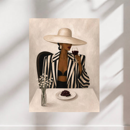 Black woman fashion poster with a wine glass and bold striped blazer.