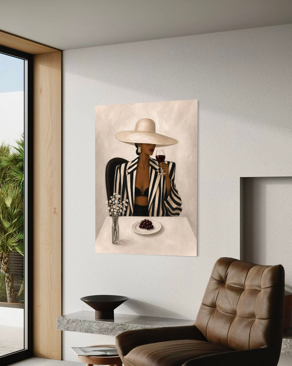 Artwork poster of an Afrocentric female figure dining in a striped coat. 