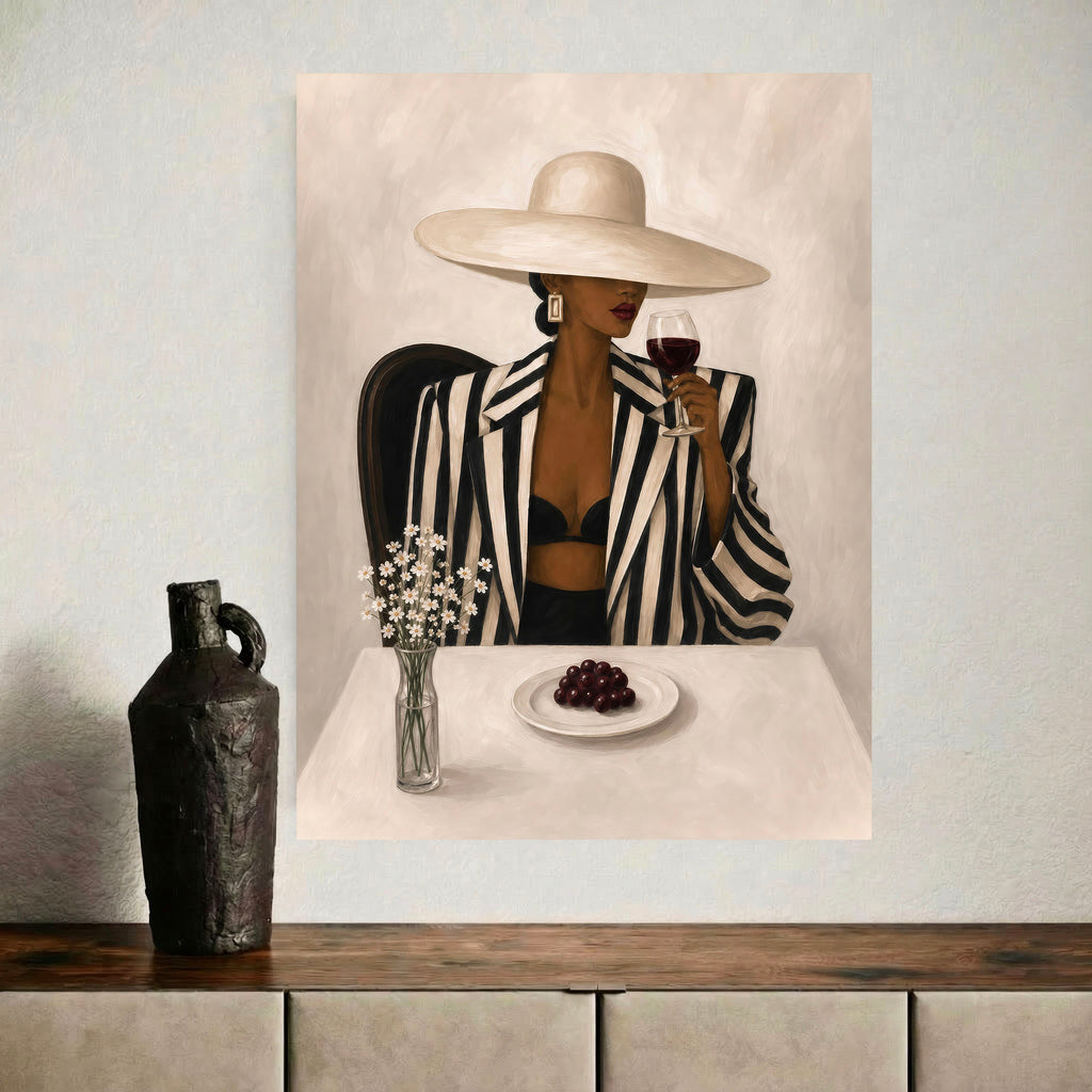 Black woman fashion wall art displayed above a wooden console.
