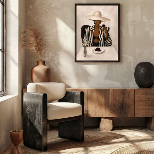 Afrocentric fashion portrait poster with a wide hat and striped blazer.