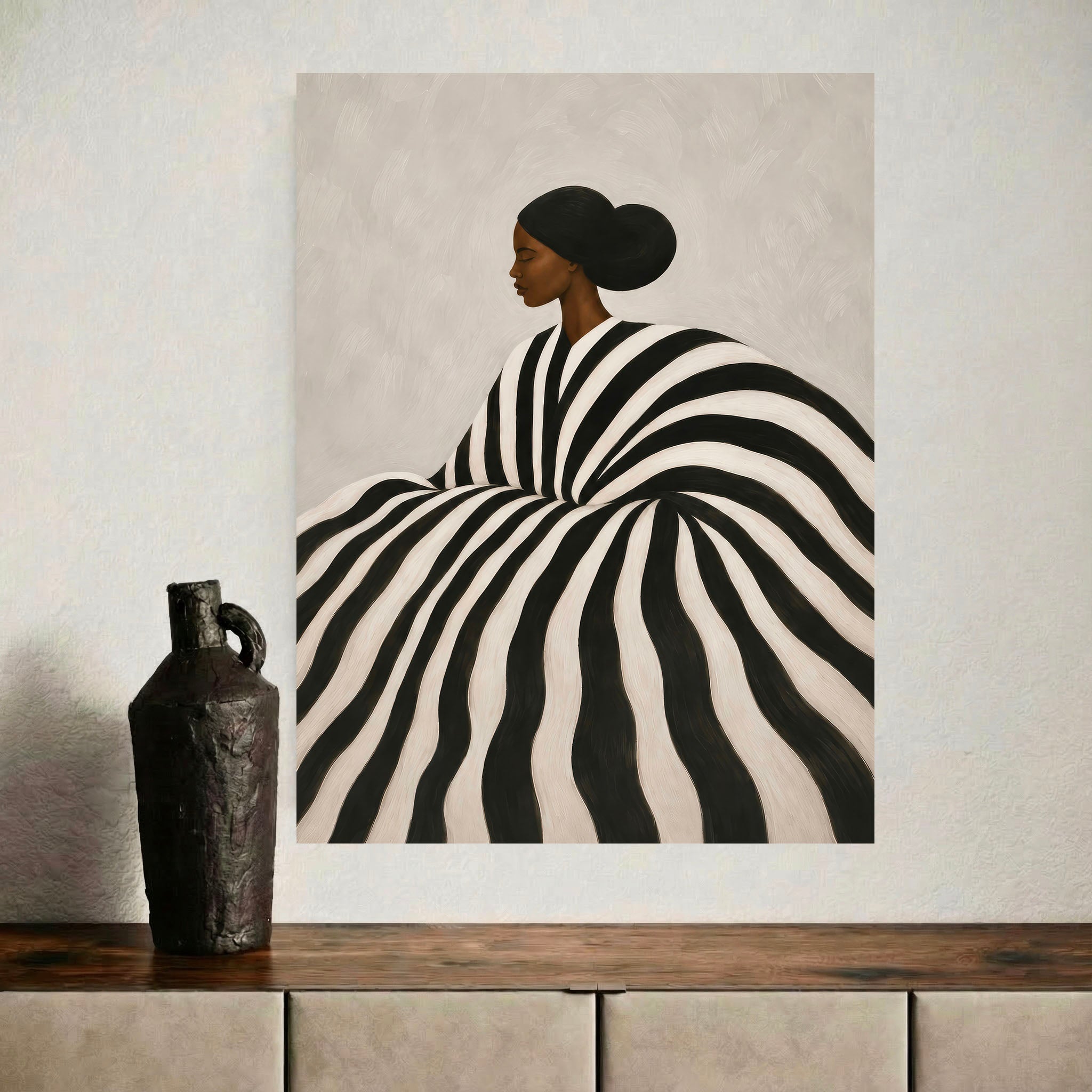 Black woman striped portrait print displayed above a wooden console.