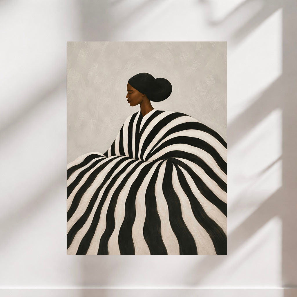 Black woman striped portrait poster displayed on a light neutral wall.Black woman striped portrait poster displayed on a light neutral wall.