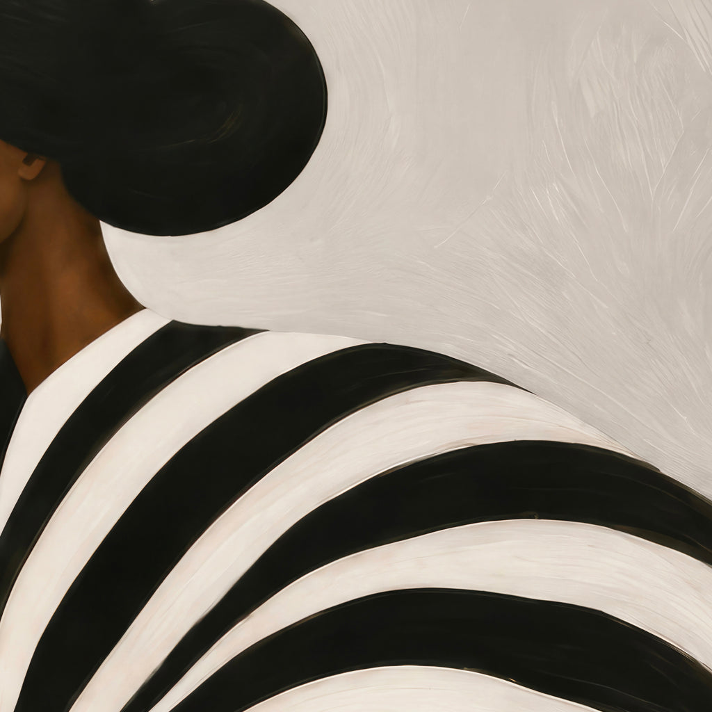 Detail of a Black woman portrait with flowing black and cream stripes.