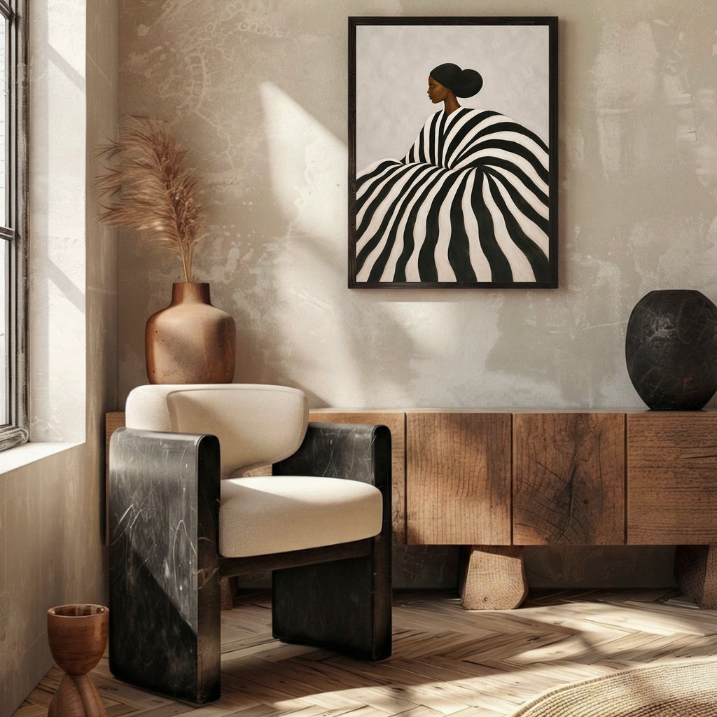 Modern Afrocentric portrait poster with flowing monochrome stripes.