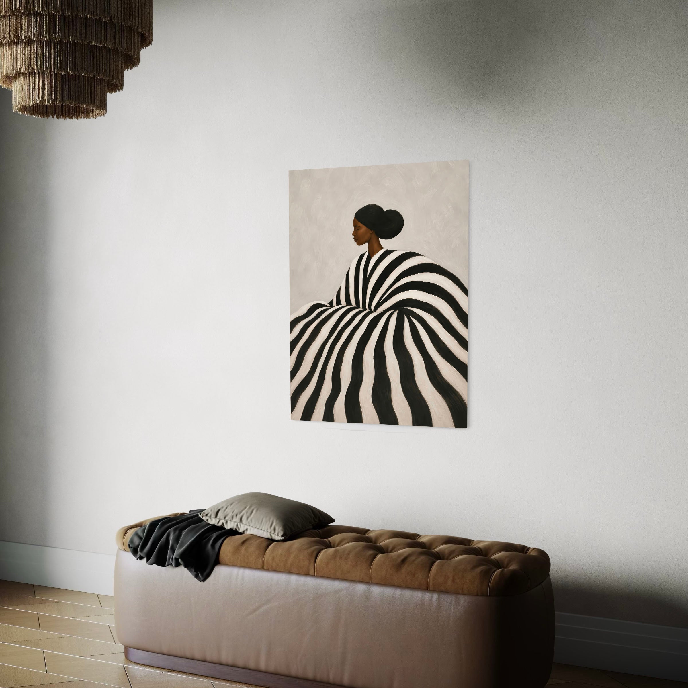 Neutral Black woman wall art featuring a dramatic striped silhouette.
