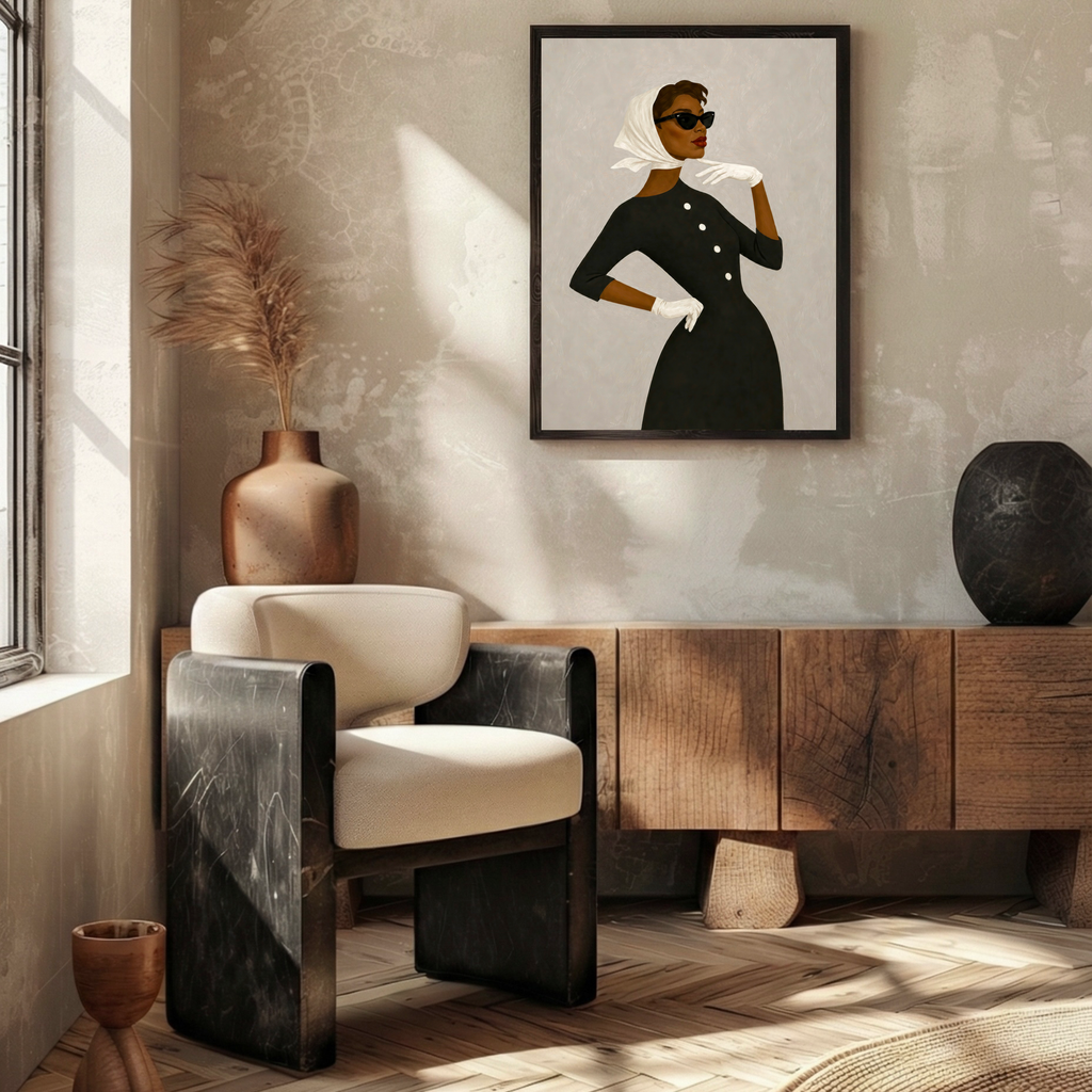 Afrocentric woman Paris fashion portrait poster displayed in a modern neutral living room.