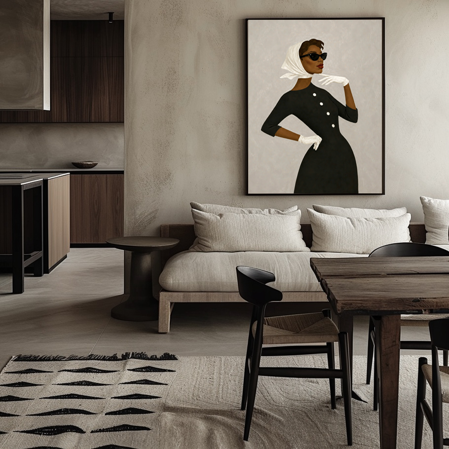 Black woman fashionable portrait wall art to upgrade a modern dining and living space.