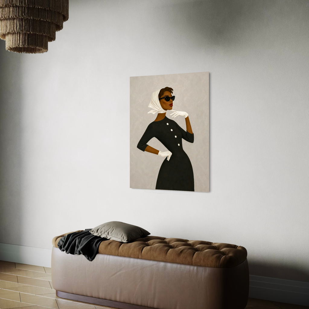 Contemporary African woman wall art featuring a black outfit, headscarf and big sunglasses.