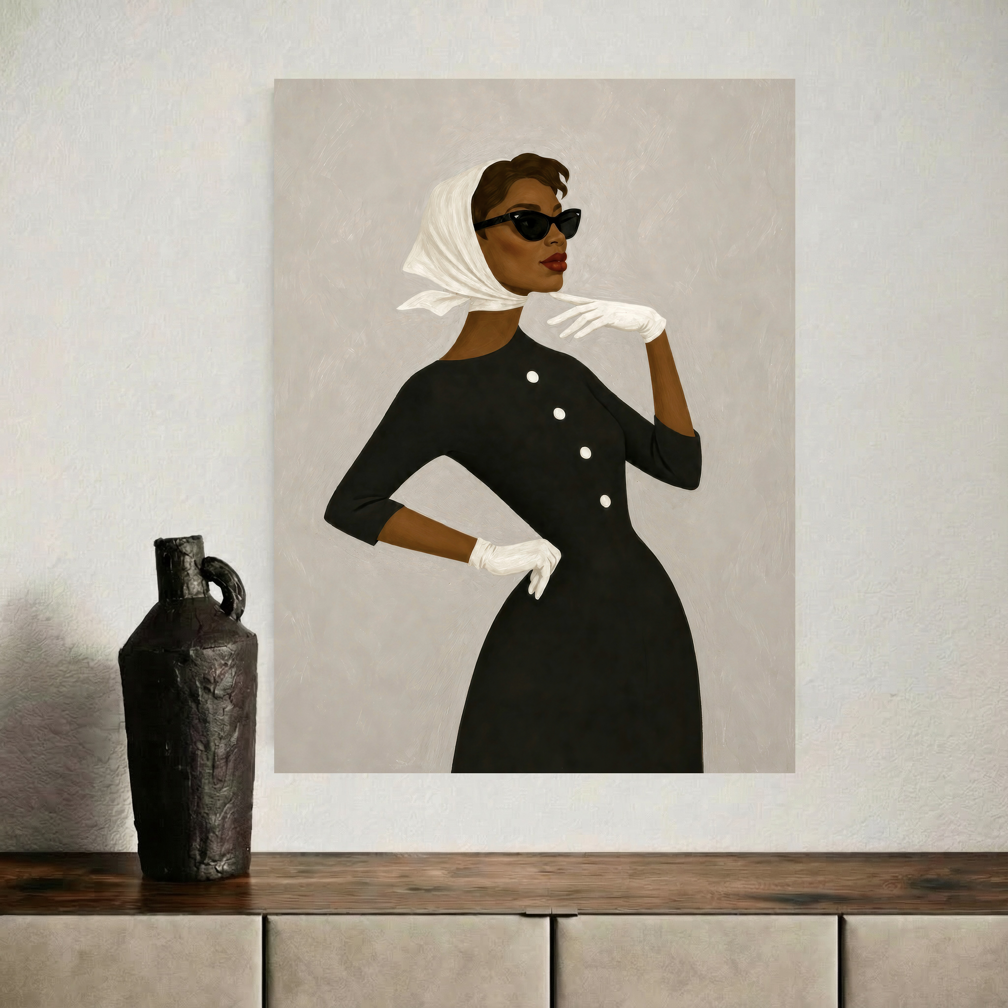 Neutral dark brown skin woman fashion poster feauturing a Parisian outfit. 