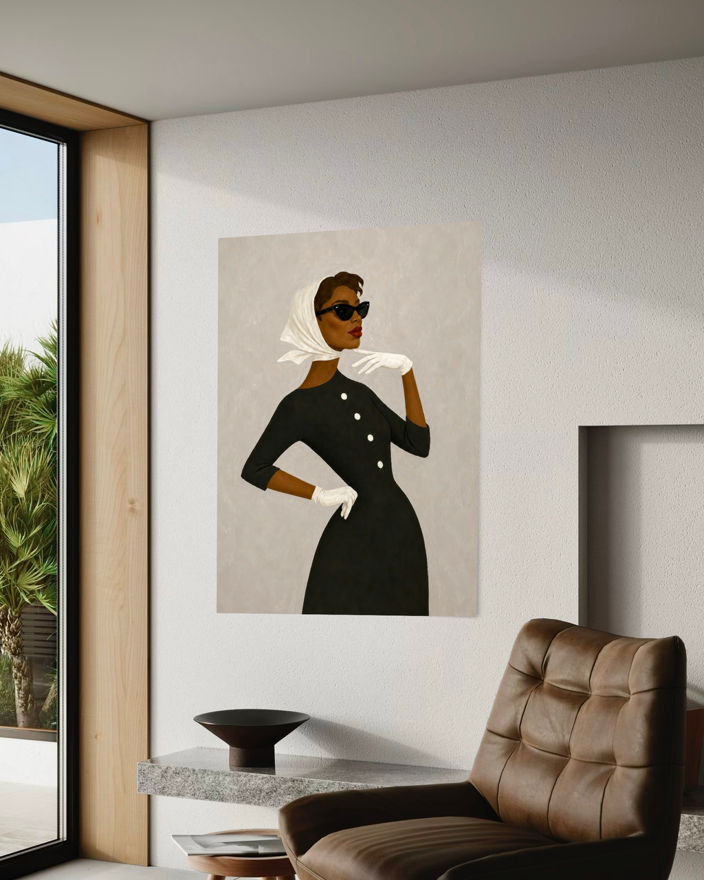 Vintage-inspired Black woman fashion print displayed above a neutral sofa.