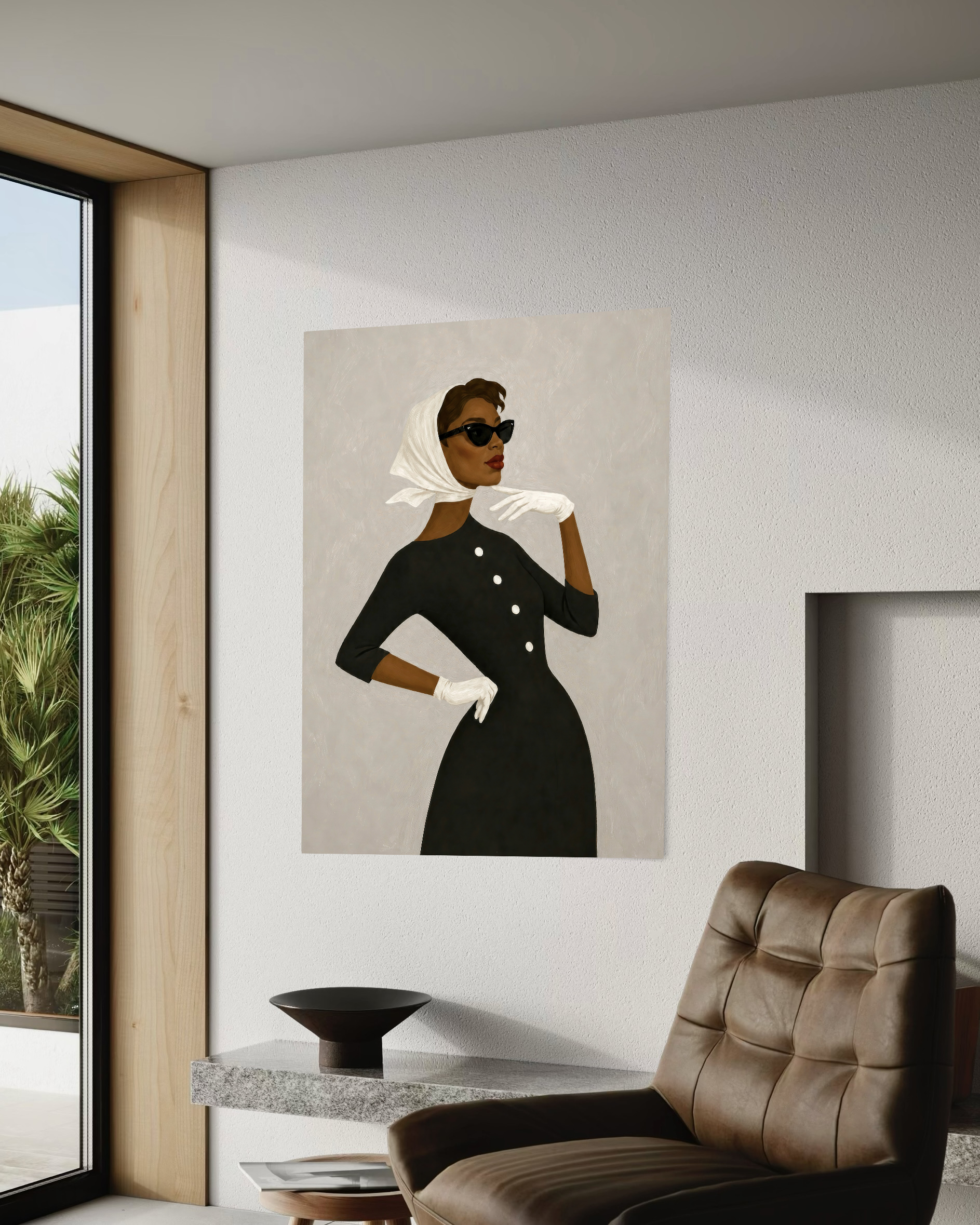 Vintage-inspired Black woman fashion print displayed above a neutral sofa.