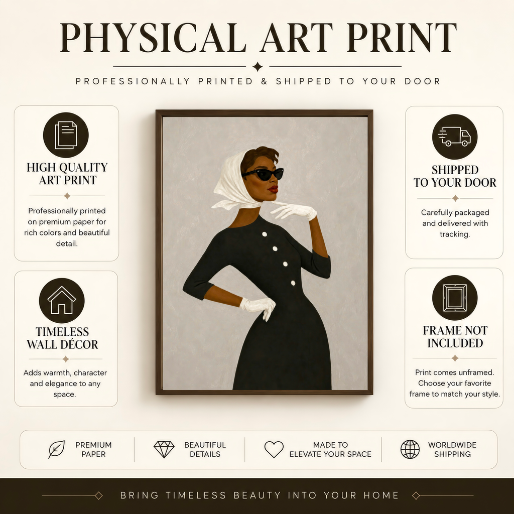 Physical Black woman fashion fine art print with premium quality paper and trustworthy packaging details.