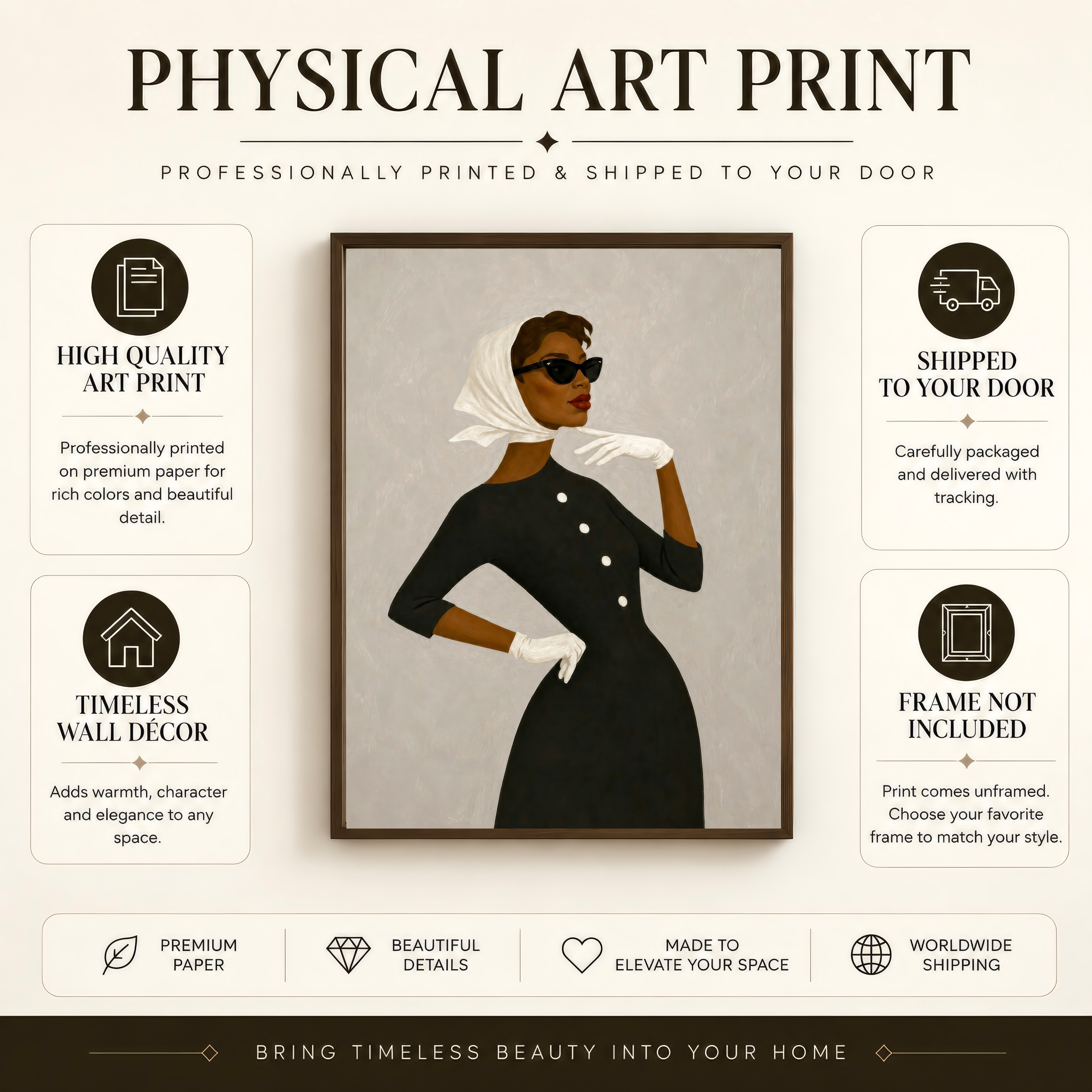 Physical Black woman fashion fine art print with premium quality paper and trustworthy packaging details.
