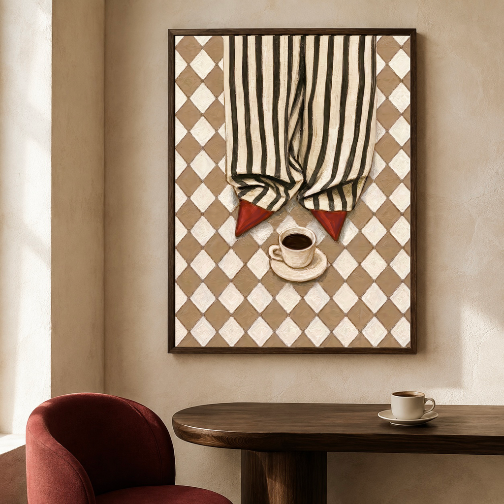 Framed striped trousers and red shoes poster displayed above a wooden café table beside a rust-red chair