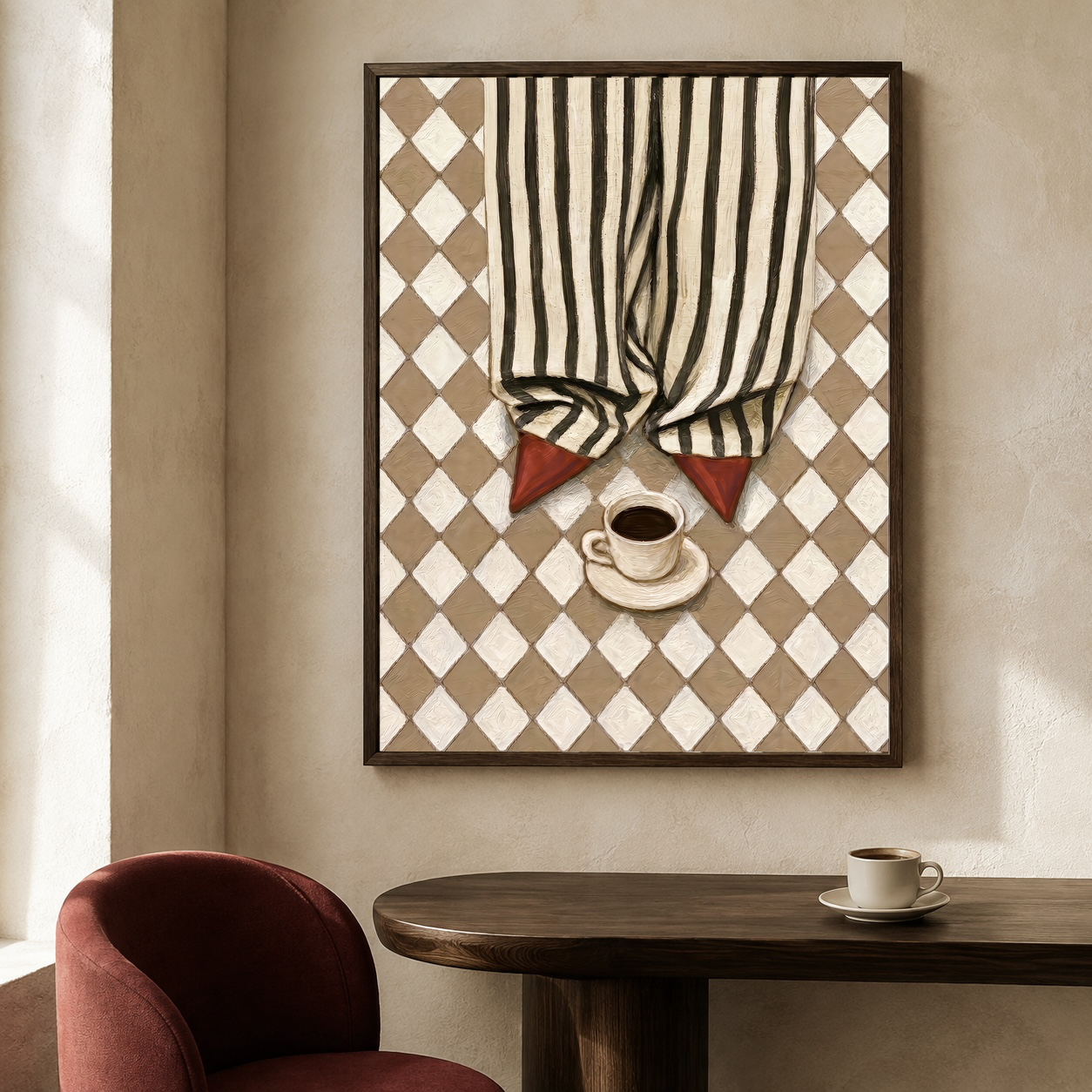 Framed striped trousers and red shoes poster displayed above a wooden café table beside a rust-red chair
