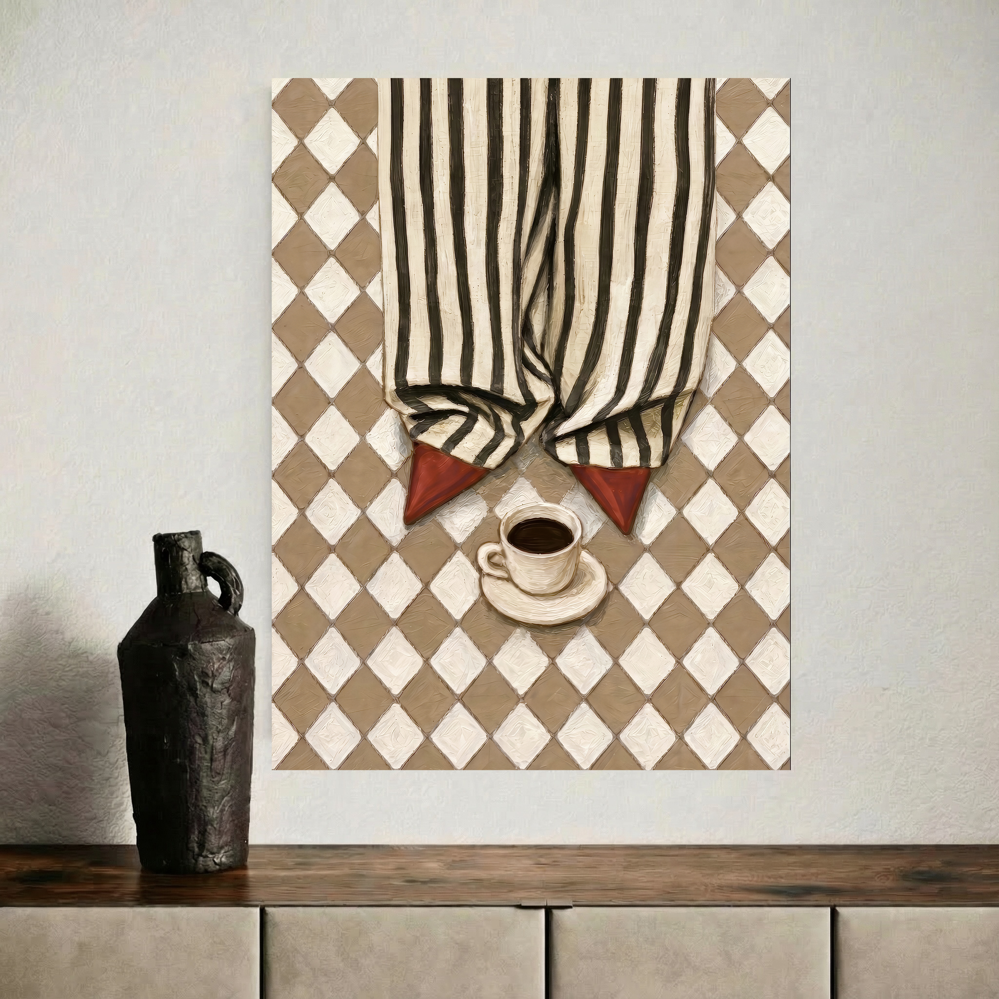 Fashion and coffee art print displayed above a light sideboard with a black ceramic vase