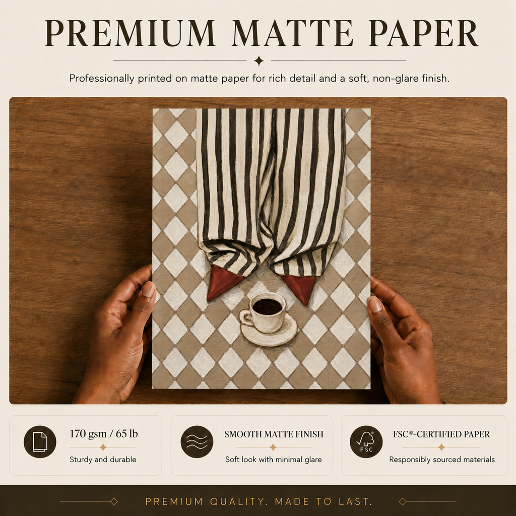 Premium matte paper details for the fashion wall art poster, including 170 gsm paper and a smooth non-reflective finish