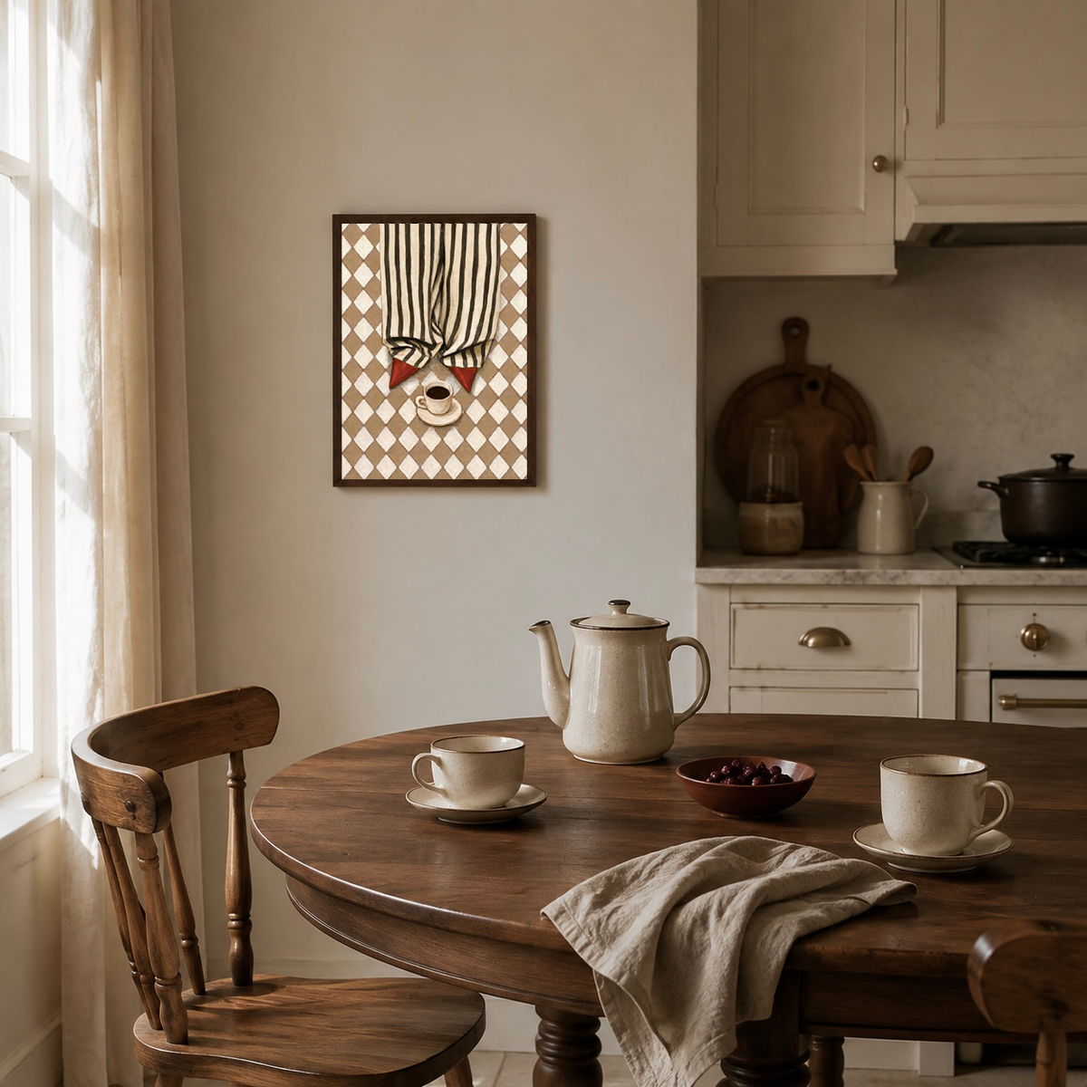 Coffee wall art poster displayed in a warm neutral kitchen with a round wooden dining table