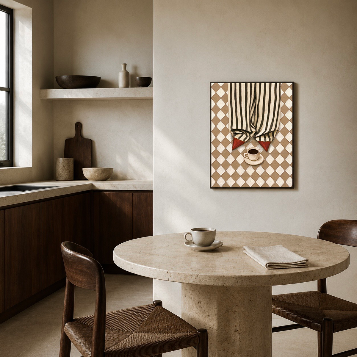 Framed fashion wall art poster styled in a neutral dining room with a round stone table