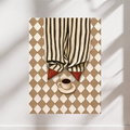 Fashion wall art poster featuring black-and-cream striped trousers, pointed red shoes and a coffee cup on a taupe checkerboard floor