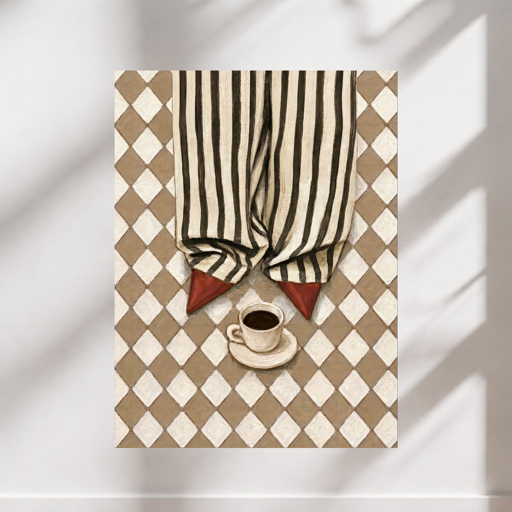 Fashion wall art poster featuring black-and-cream striped trousers, pointed red shoes and a coffee cup on a taupe checkerboard floor
