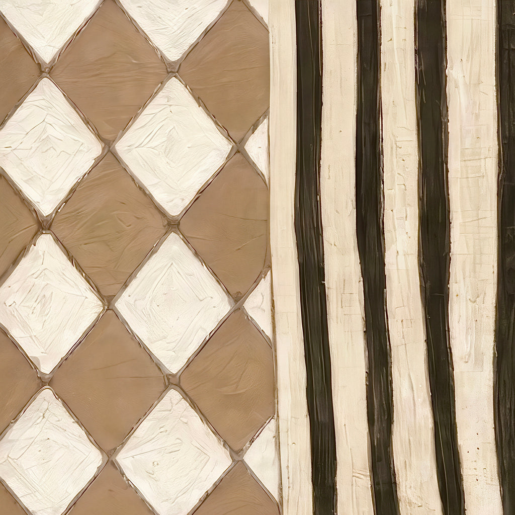 Close-up of the hand-painted texture showing a taupe-and-cream checkerboard pattern and black-and-cream stripes