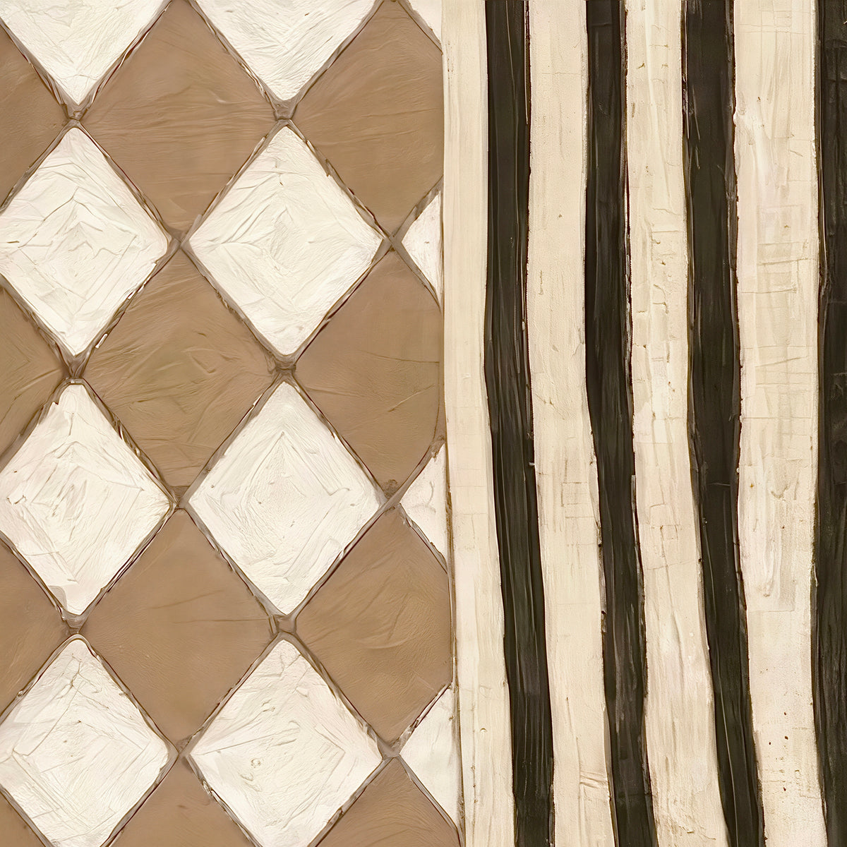 Close-up of the hand-painted texture showing a taupe-and-cream checkerboard pattern and black-and-cream stripes
