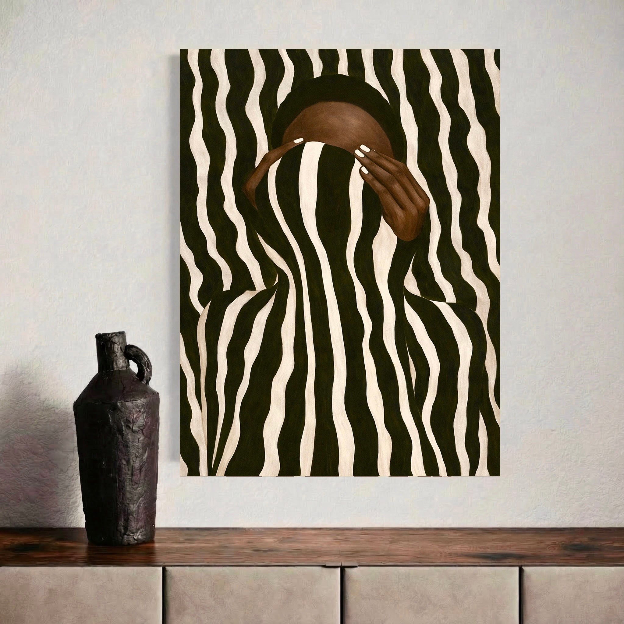 Optical Illusion Abstract Wall Art: Black Woman Neutral Striped Poster