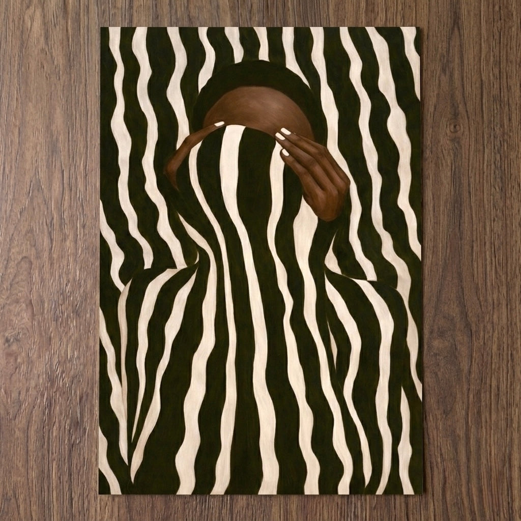 Optical Illusion Abstract Wall Art: Black Woman Neutral Striped Poster