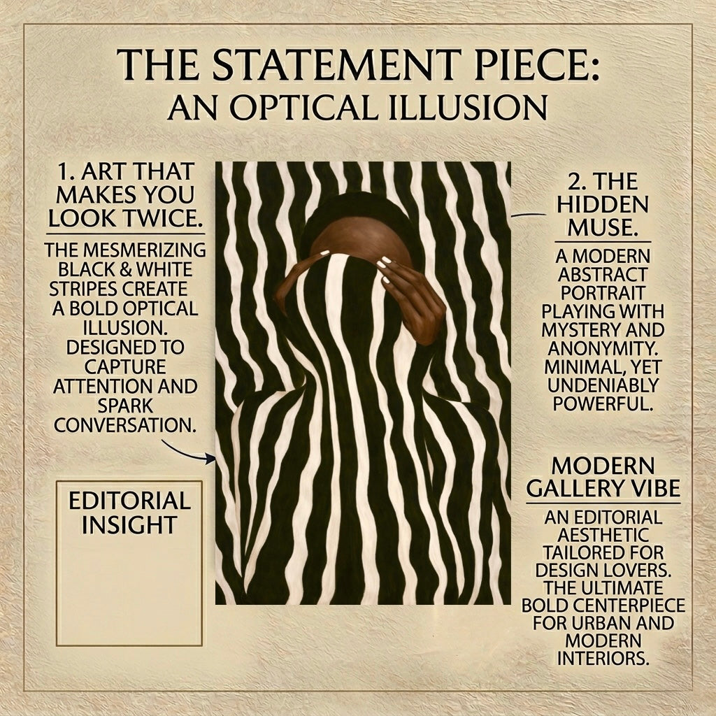 Optical Illusion Abstract Wall Art: Black Woman Neutral Striped Poster