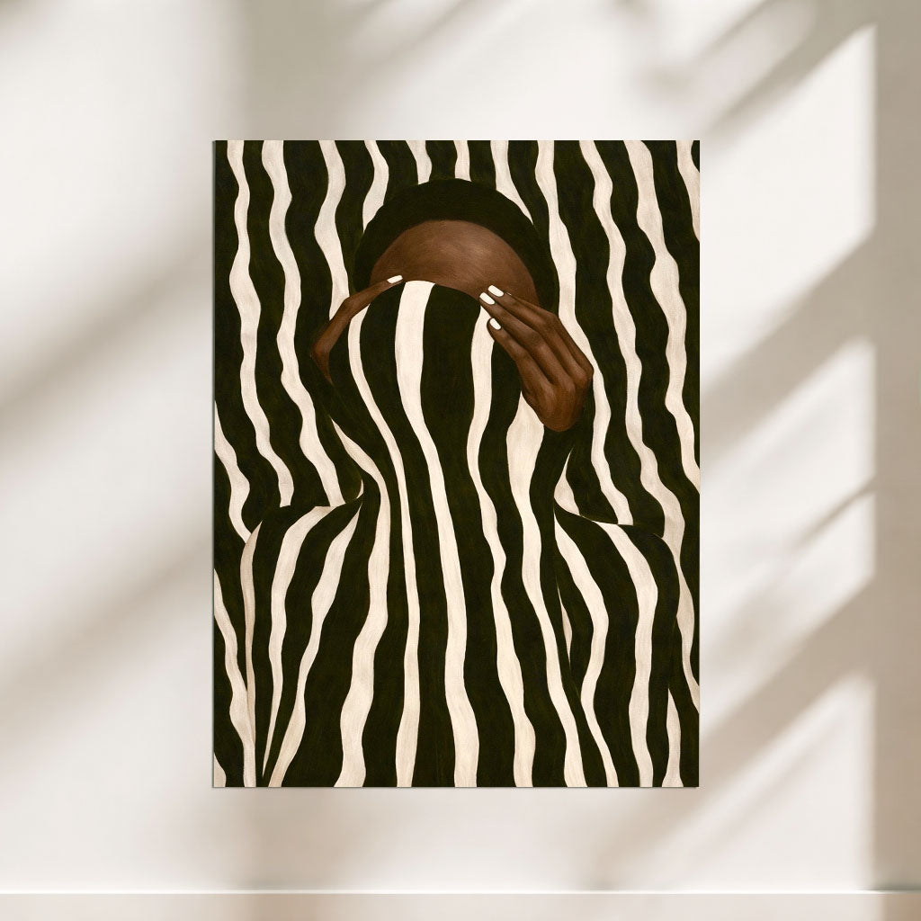 Optical Illusion Abstract Wall Art: Black Woman Neutral Striped Poster